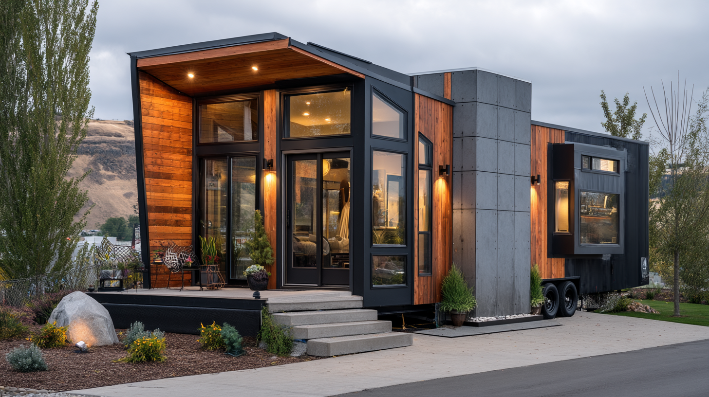 Modern-style tiny house with mixed materials and large windows
