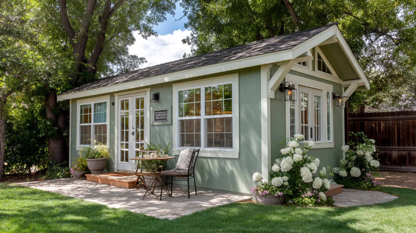 Sage green ADU with gable roof and white trim