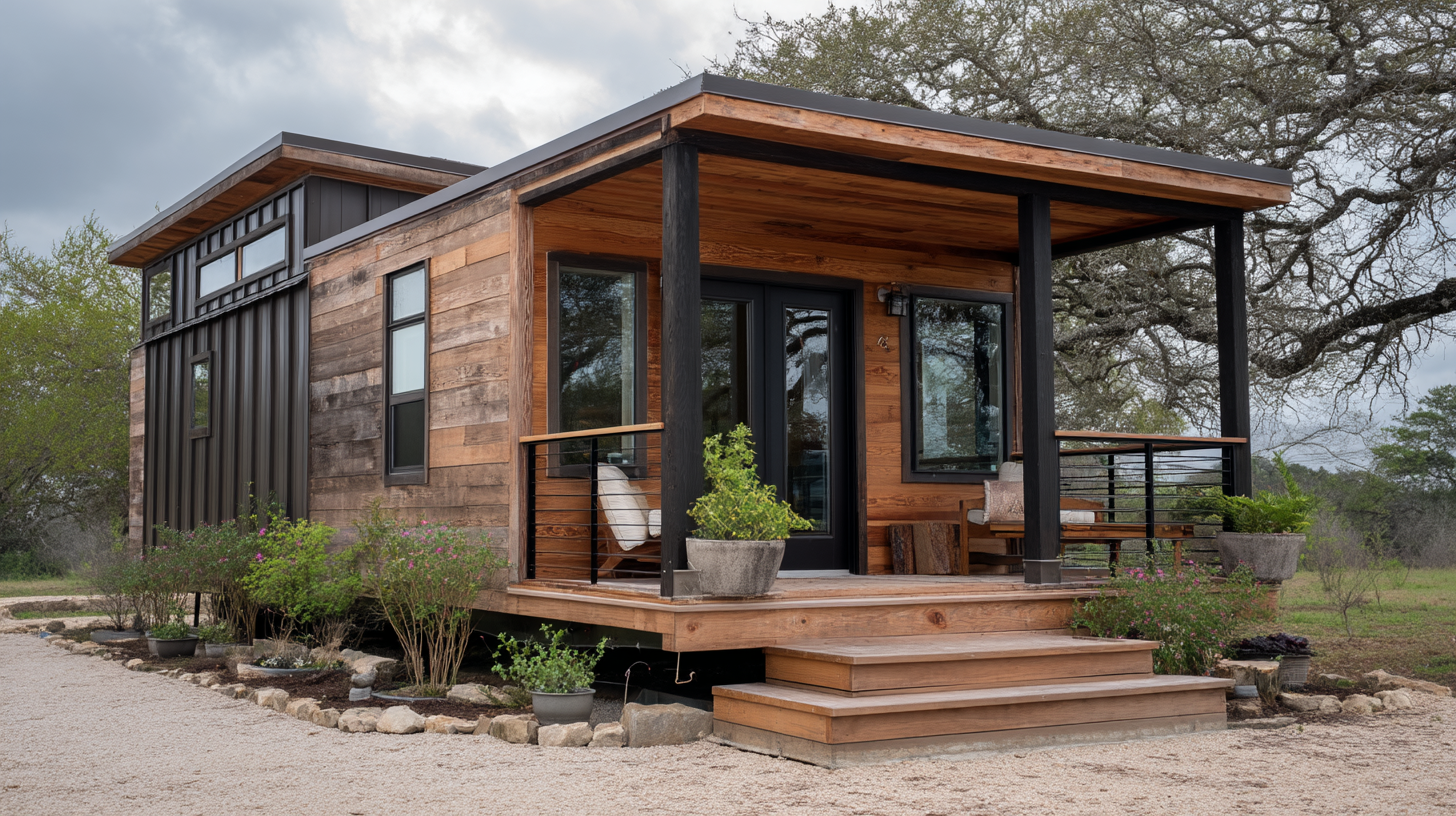Single-story tiny house with horizontal siding and covered porch