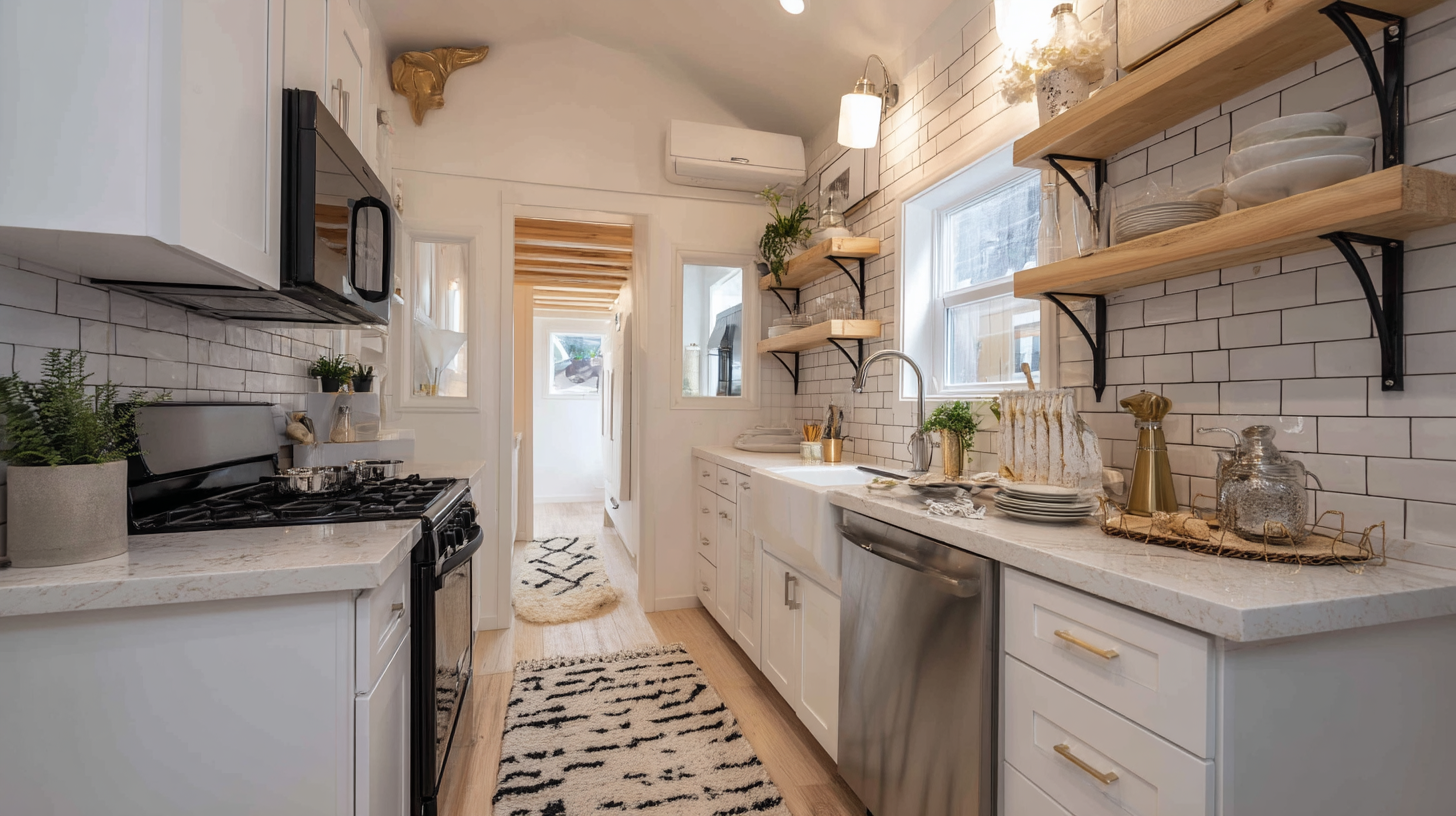 Galley-style ADU kitchen with subway tile backsplash and open shelving