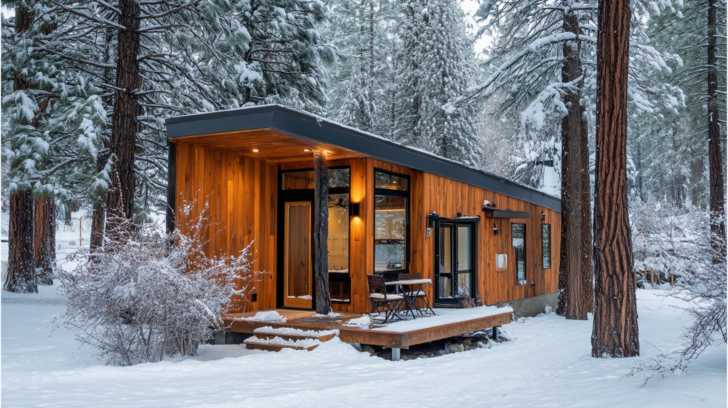 Modern tiny home in snowy forest with cedar siding and large windows