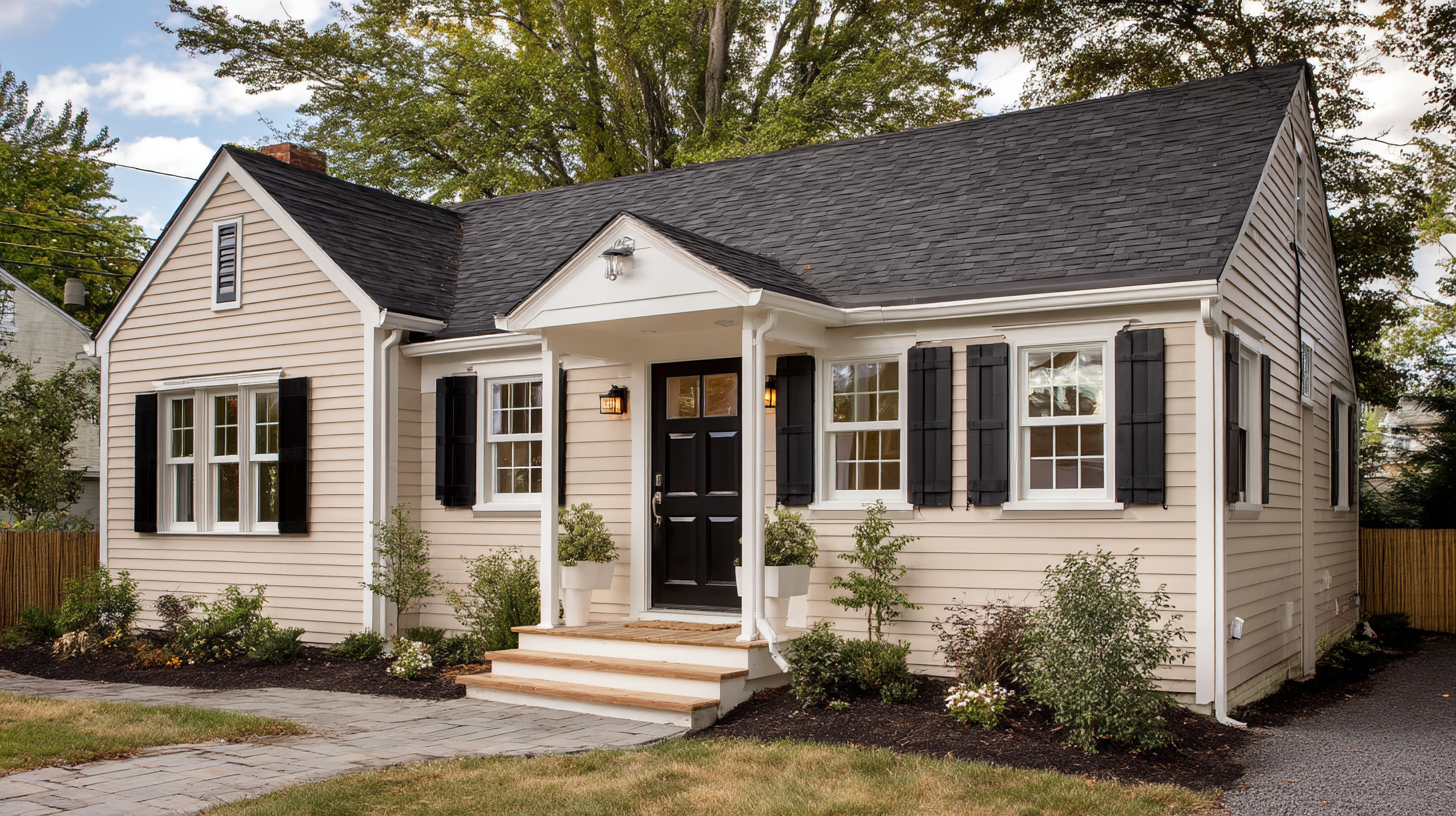 Tan horizontal siding ADU with black shutters and front porch