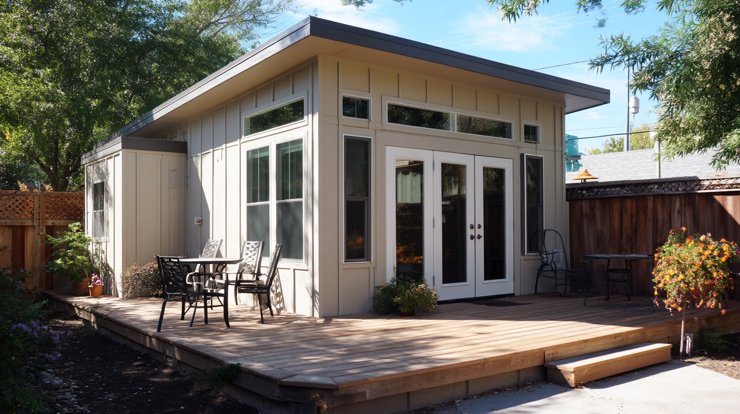 Tan lap-siding ADU with double front windows and wood deck