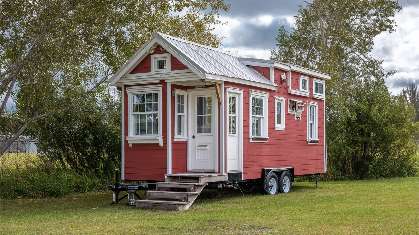 Tiny home on wheels with red siding and white trim