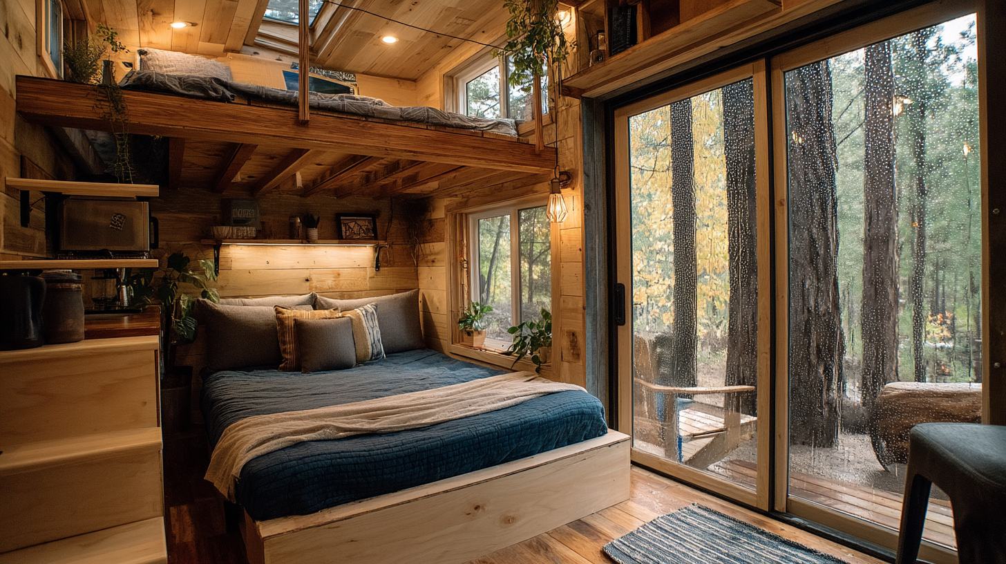 Tiny house interior with loft bed, wood walls, and cozy decor