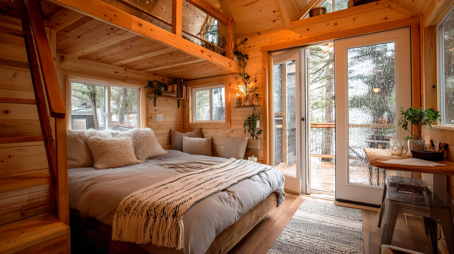 Tiny house interior with loft bed, wood paneling, and large windows