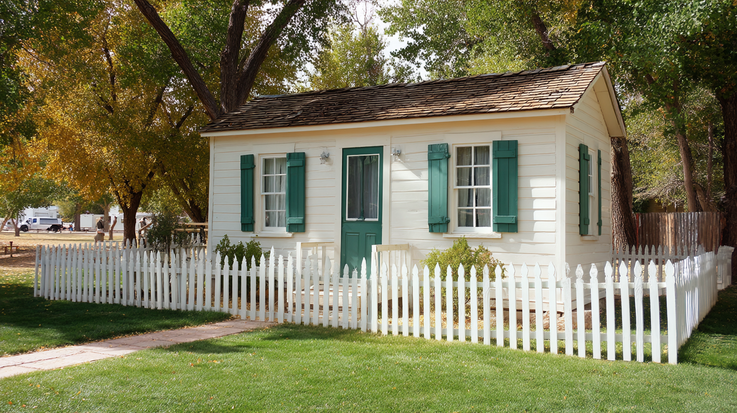 Traditional cream tiny home with green shutters and white picket fence
