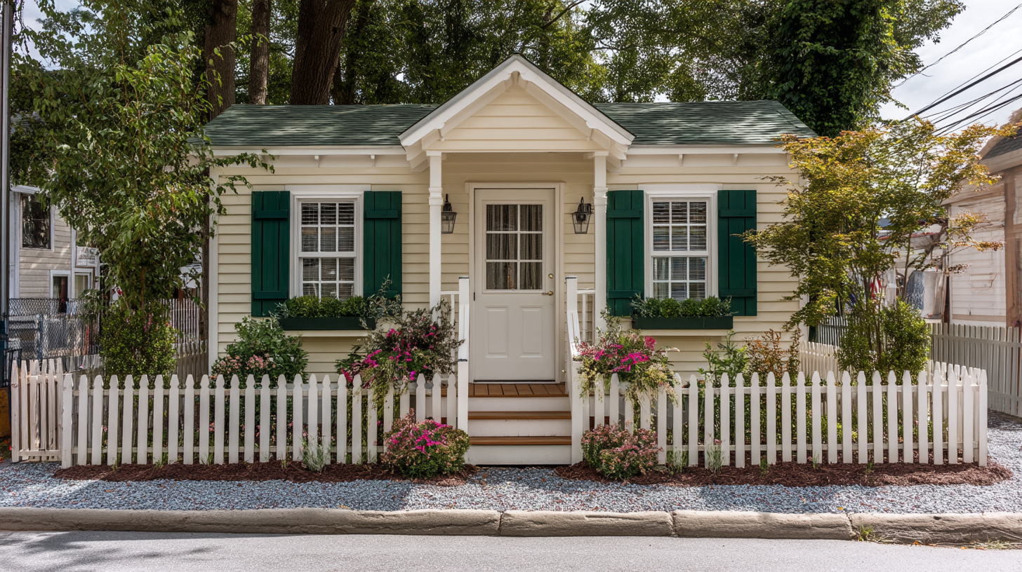 Traditional tiny home with cream siding, green shutters, and picket fence
