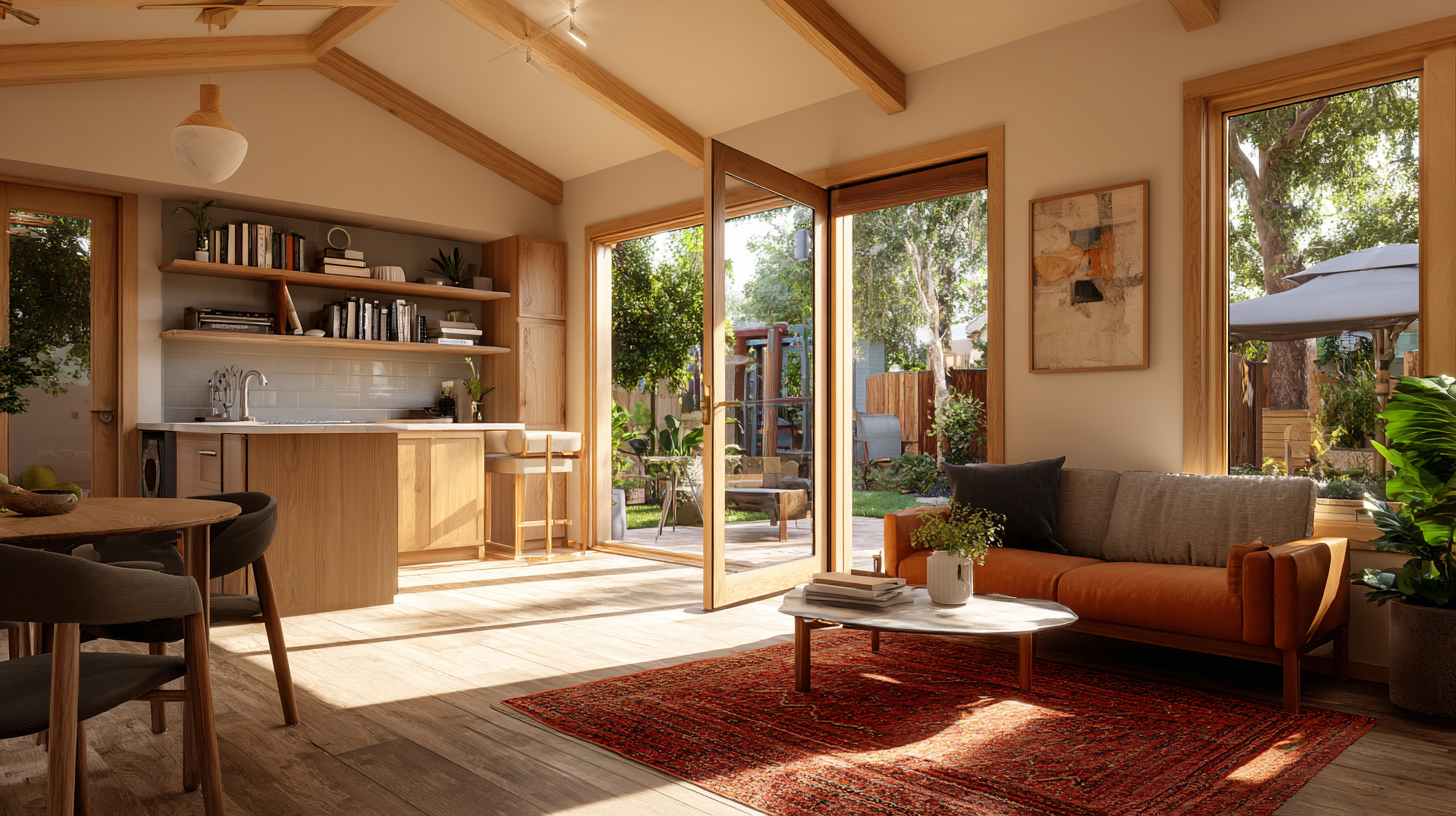 ADU interior with open layout, large windows, and garden view