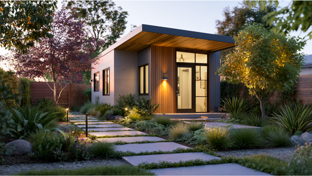 Beautiful ADU access pathway with outdoor lightin