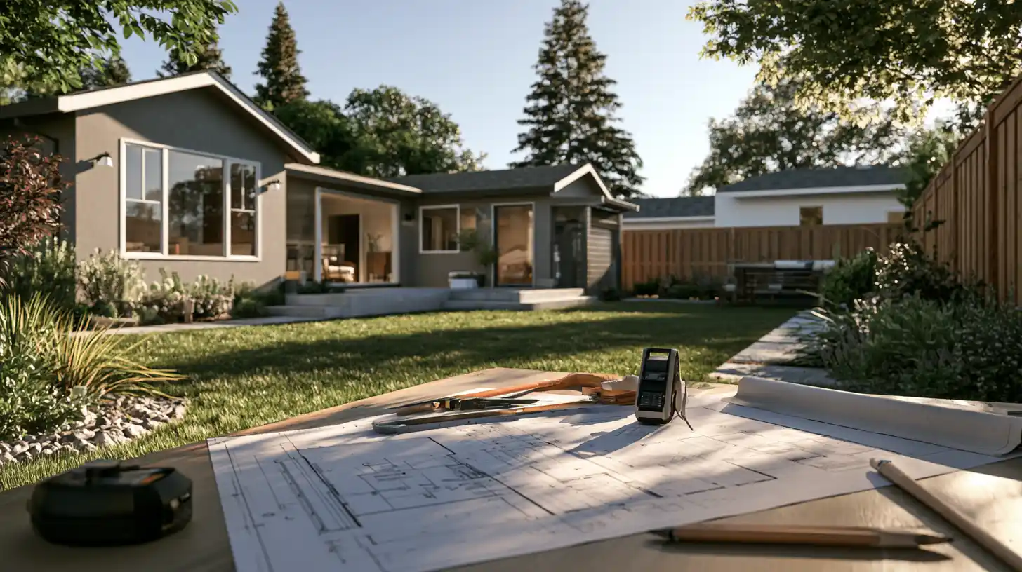 California backyard being evaluated for ADU feasibility, including site layout, utilities, setbacks, and construction planning.
