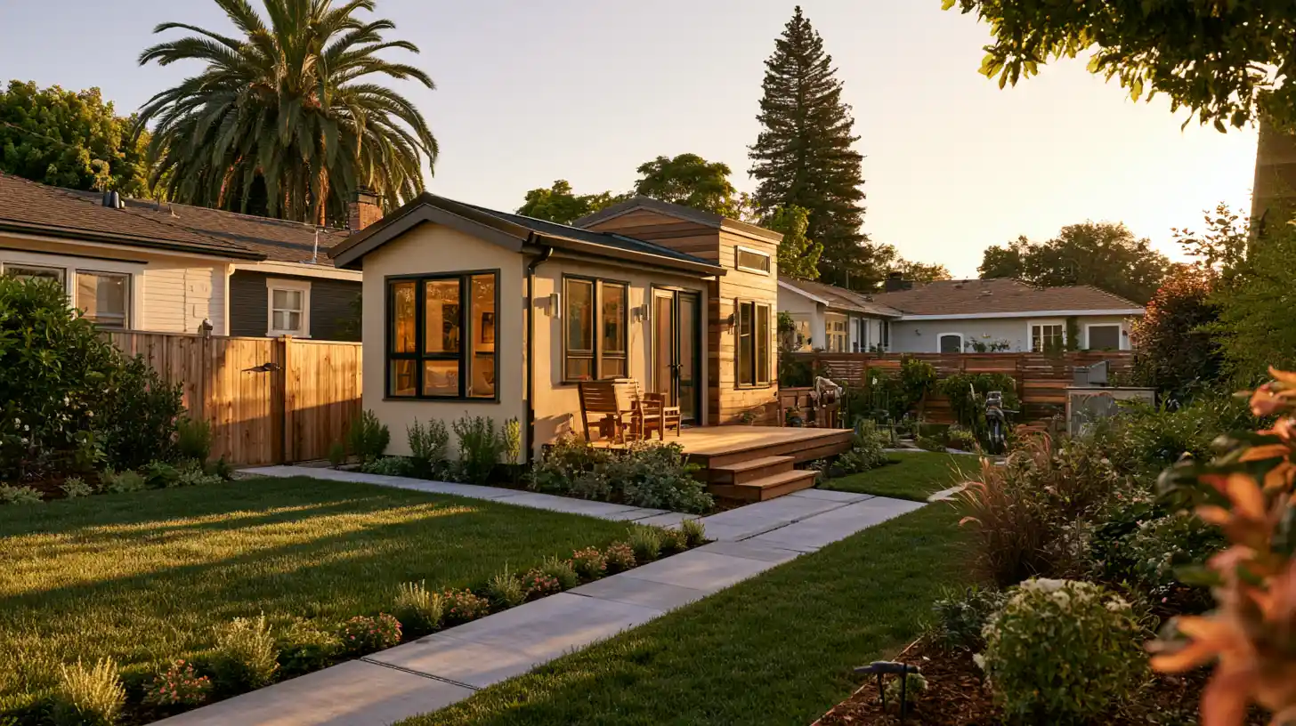 Tiny home positioned within zoning and setback requirements on a California residential property