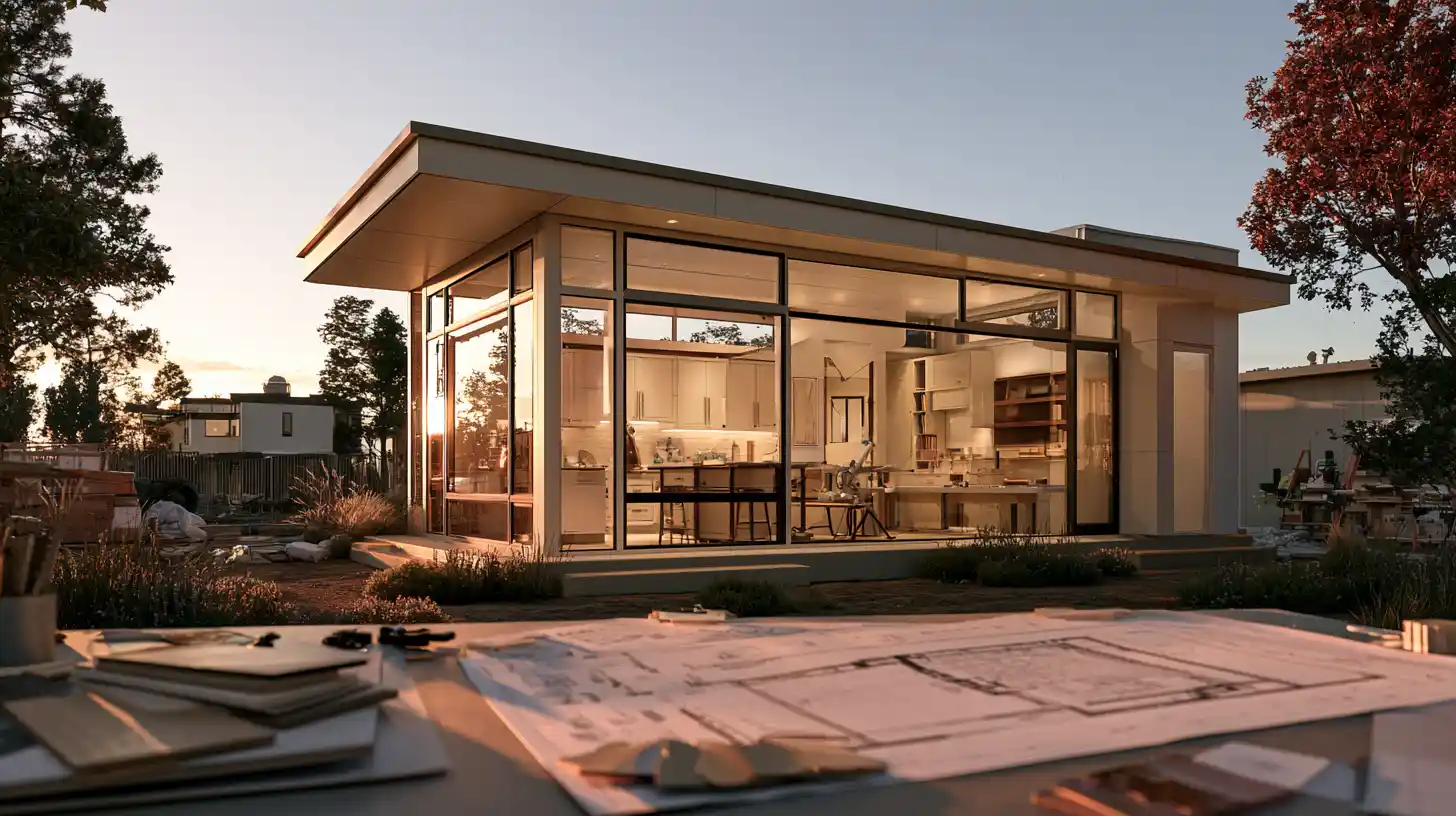 Luxury tiny home design-build project showing architects and builders coordinating construction on a custom ADU