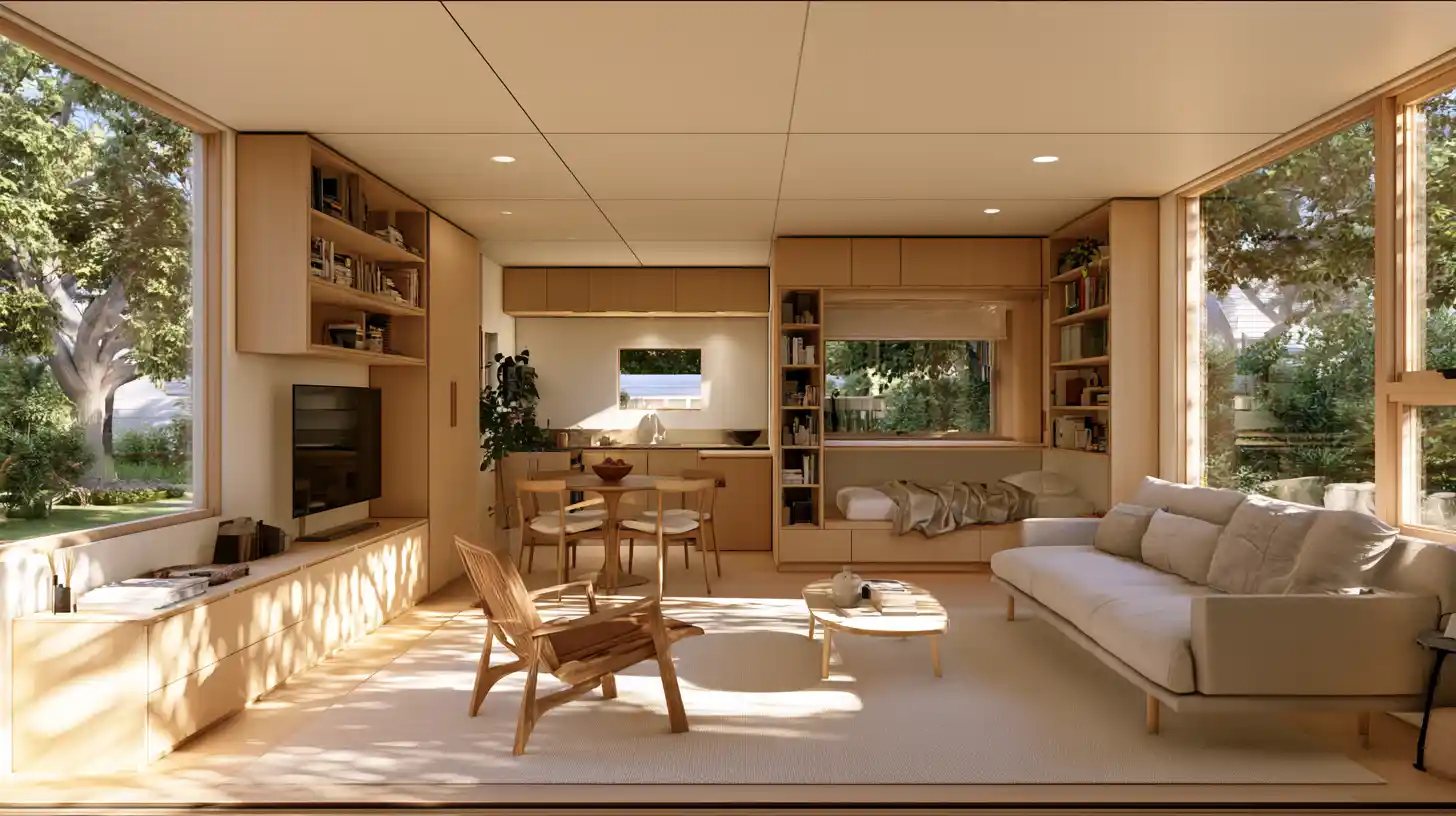 Efficient small ADU interior with open floor plan, built-in storage, functional zoning, and natural light