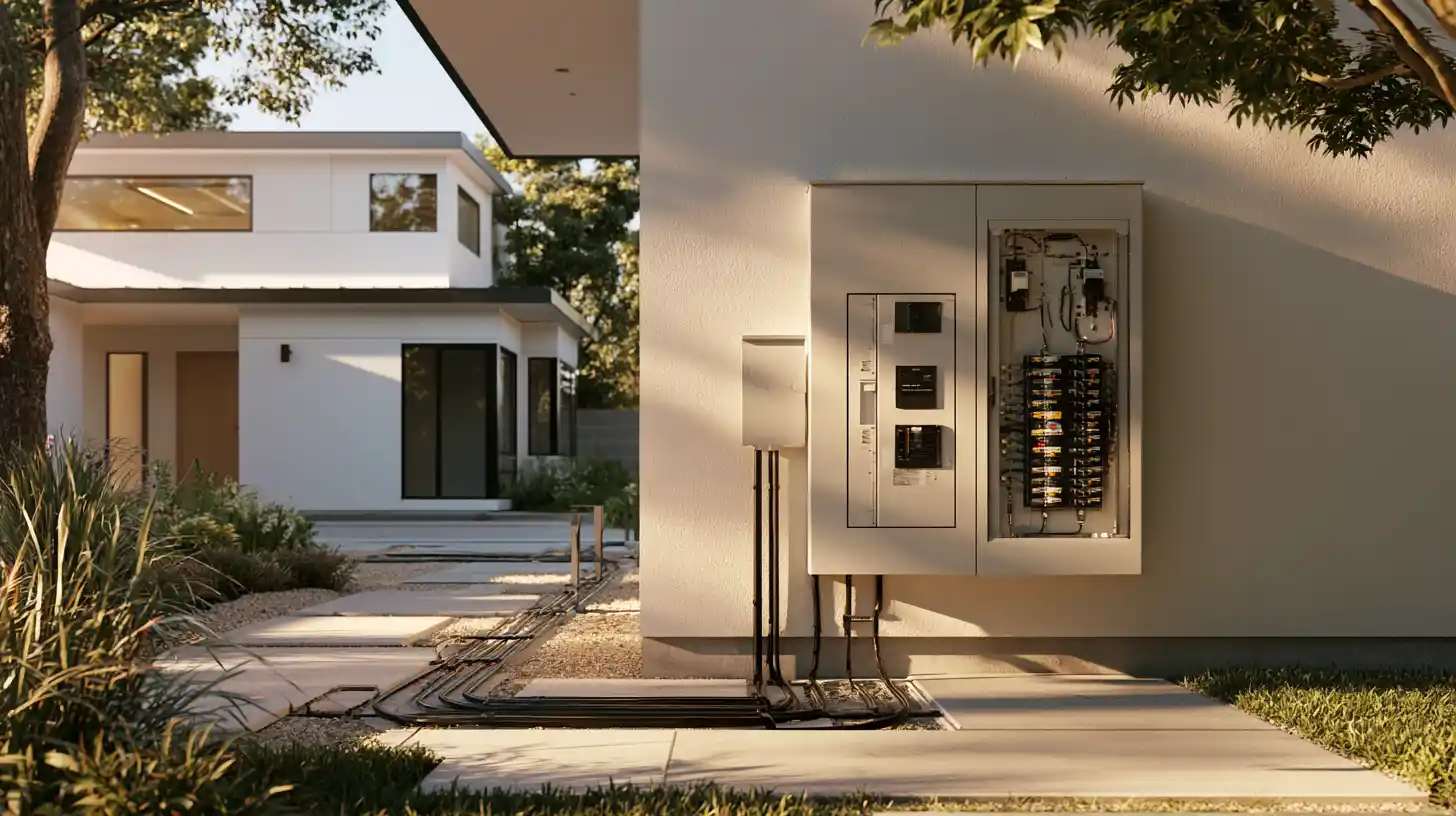 Electrical panel and underground power connection serving a modern detached California ADU.