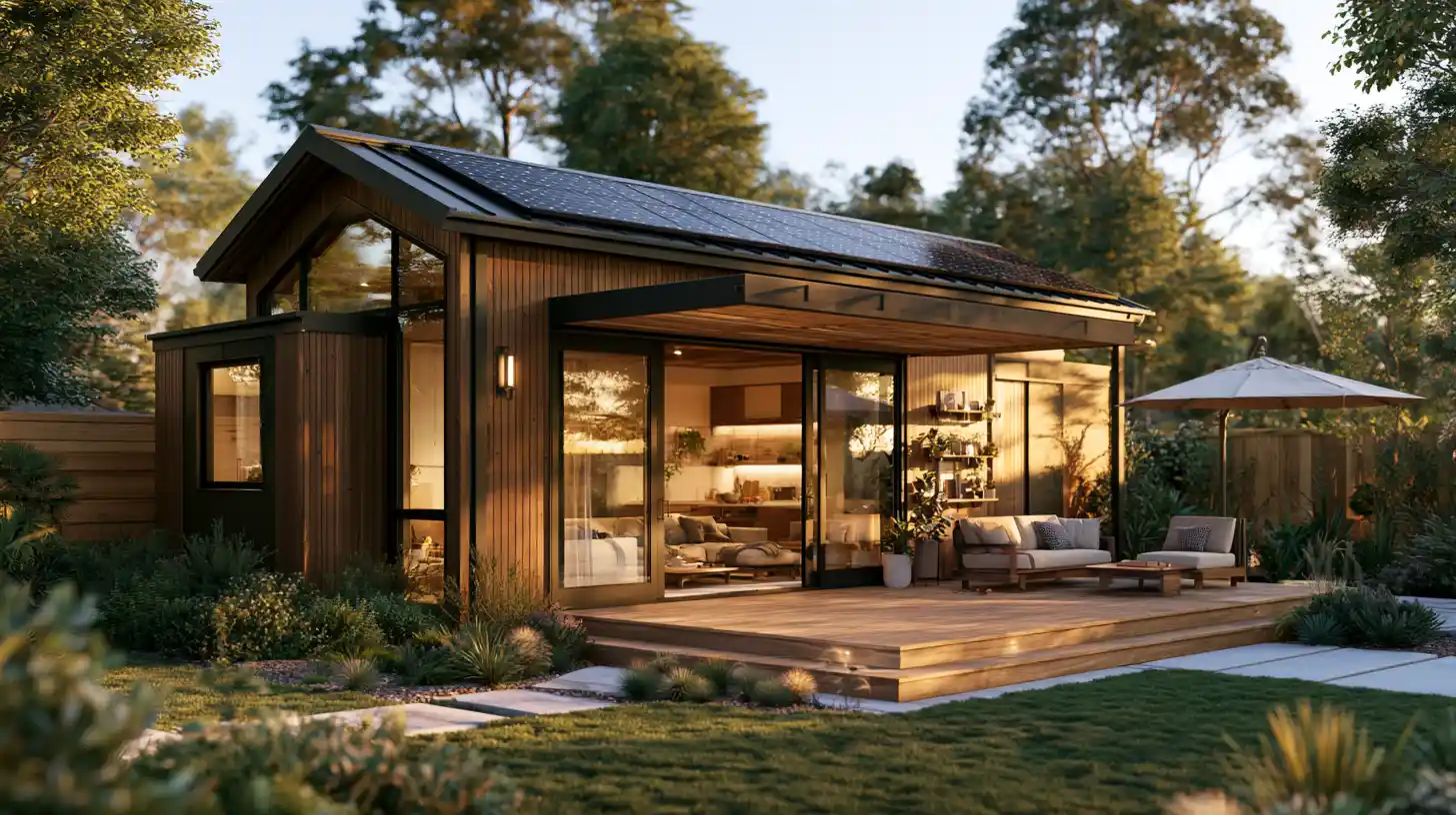 Luxury tiny home with large energy-efficient windows, solar panels, and a covered outdoor living deck