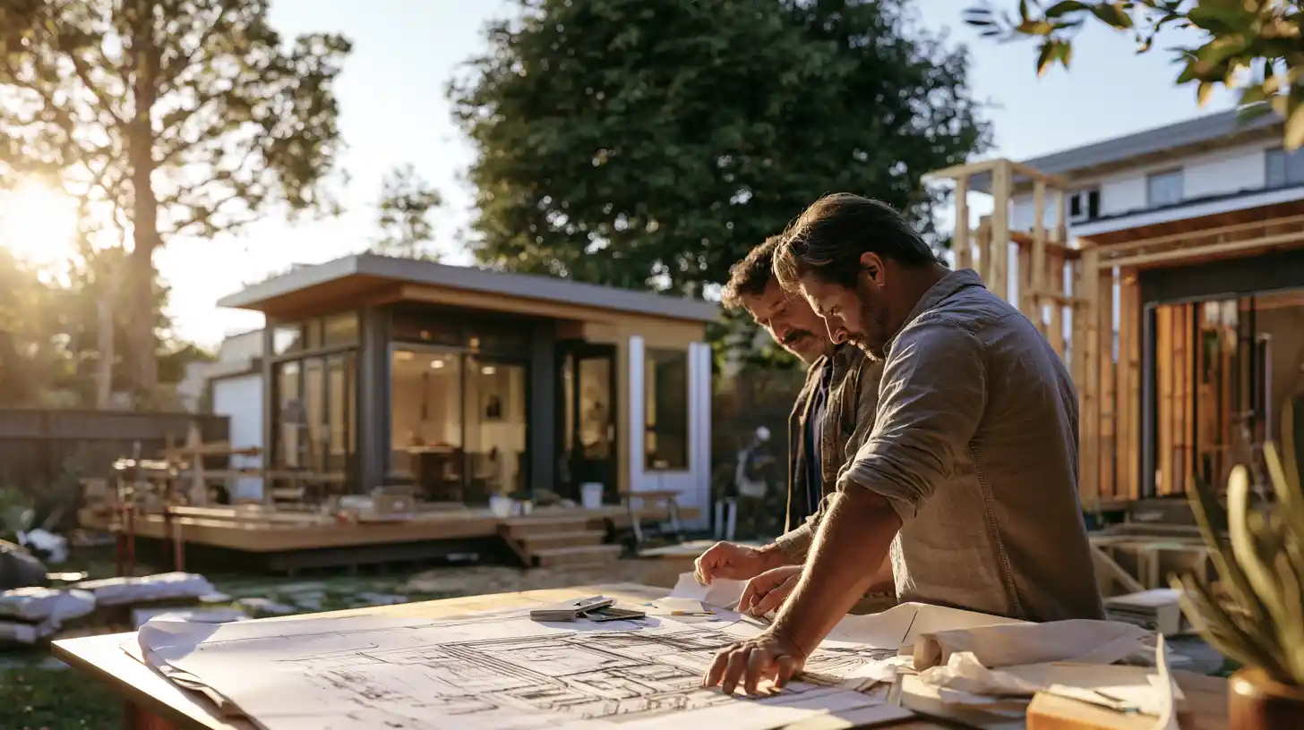 Design and construction professionals reviewing plans for an environmentally friendly California ADU design-build project.