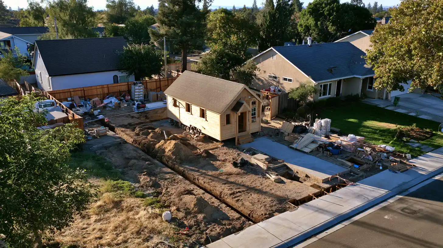 Tiny house construction site showing foundation, utility, site preparation, and other hidden project costs.
