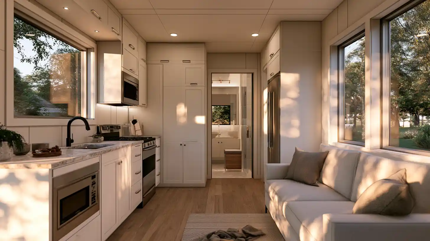 Upscale tiny home interior with premium finishes, full-size appliances, custom cabinetry, and comfortable living space