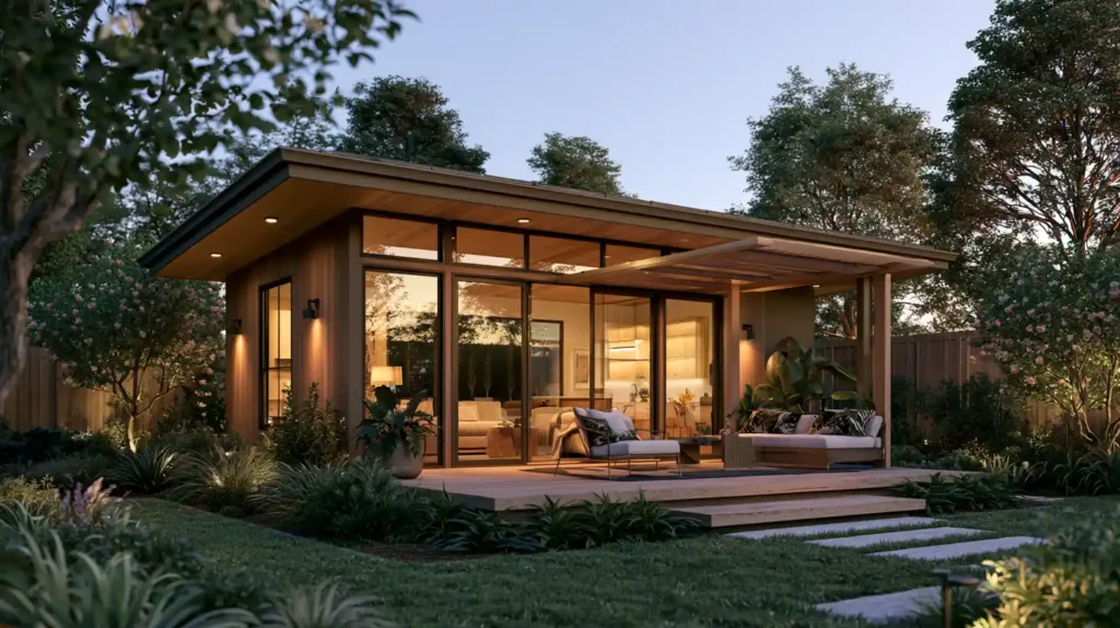 Luxury tiny home with high-end finishes, large windows, and an outdoor living area in California