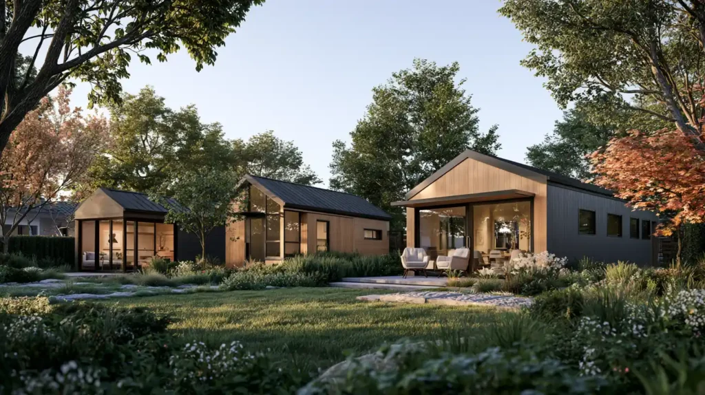 Modern micro home and tiny home compared in a California backyard