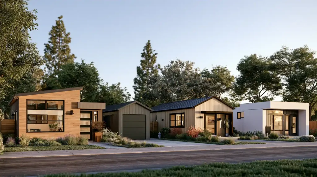 Popular modern ADU designs including detached, garage conversion, farmhouse, and minimalist styles in California
