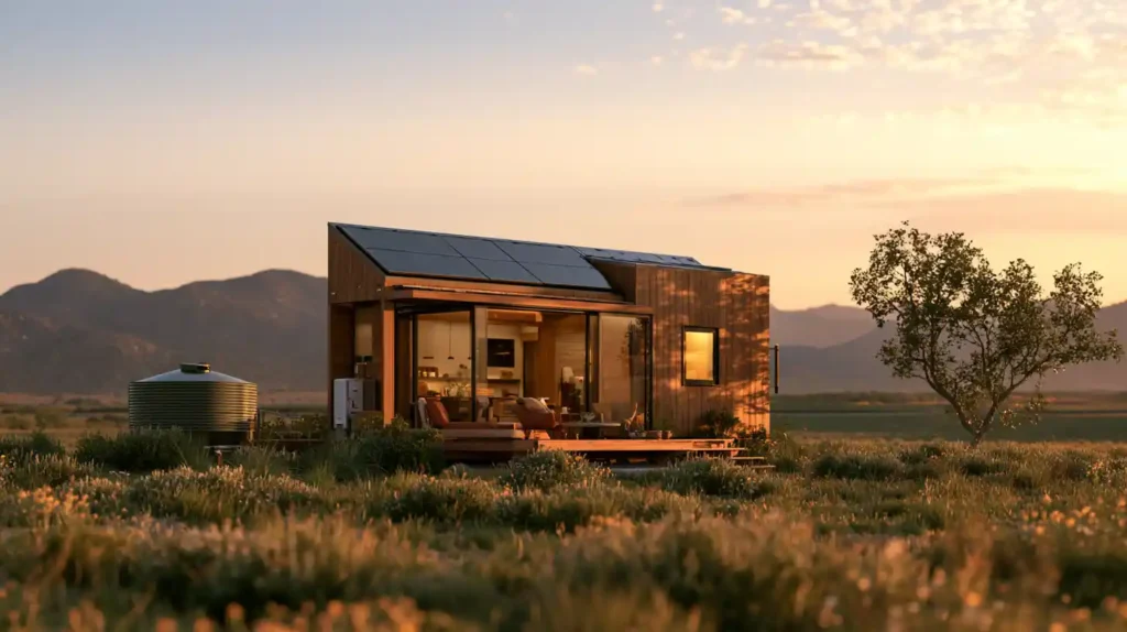 Modern off-grid tiny home with solar panels, water storage, and independent utility systems in California