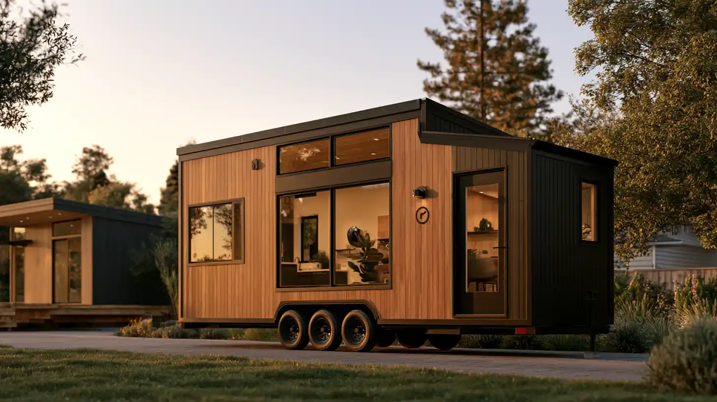 Tiny house on a trailer beside a California residential property illustrating why product labels do not determine local building approval.