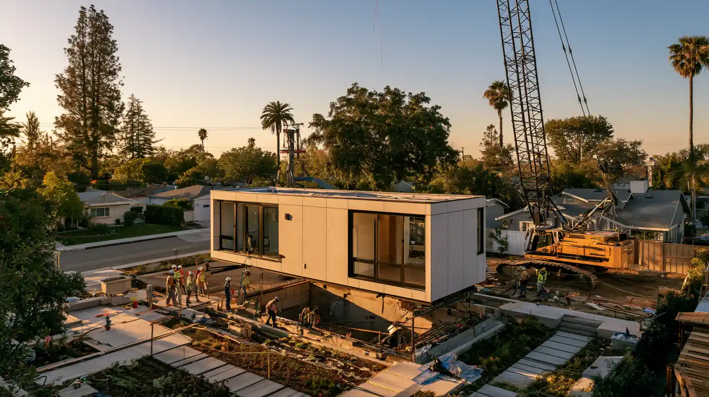 Prefab ADU being installed on a California foundation with construction and utility work still underway.