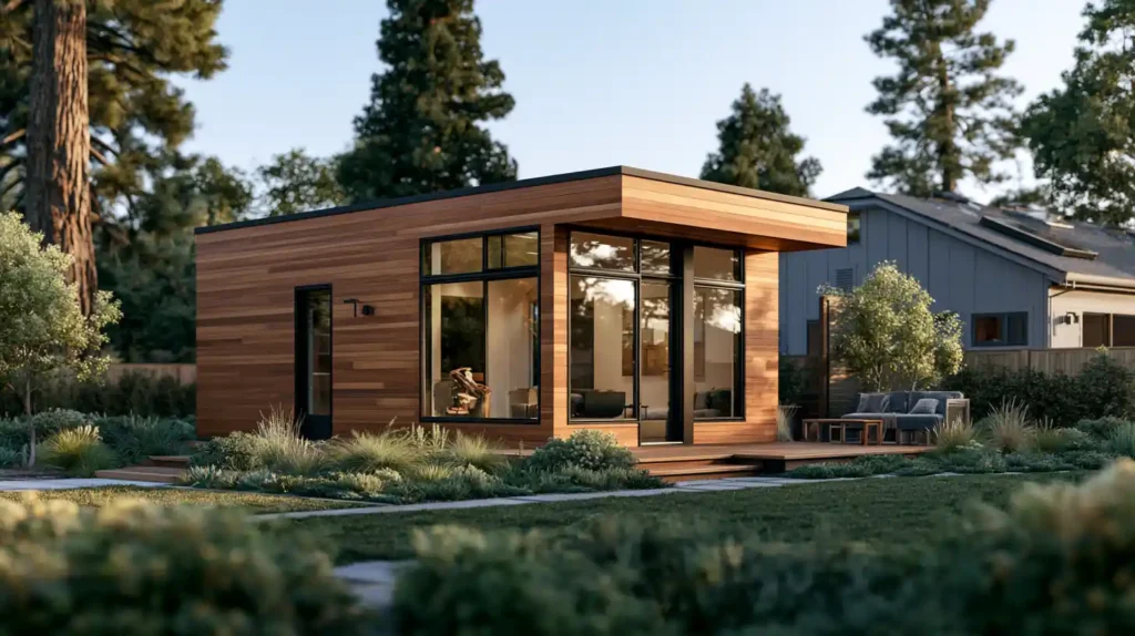 Modern prefabricated tiny ADU installed in a California backyard, illustrating prefab housing and custom ADU options.