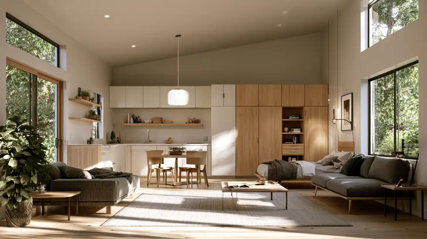 Efficient compact ADU interior showing smart space planning, built-in storage, and functional living areas.