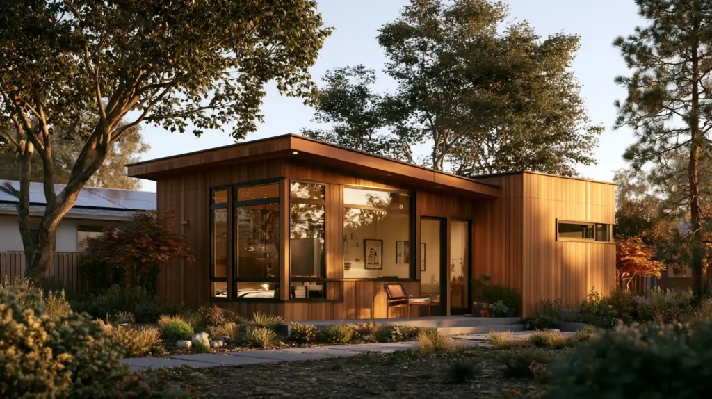 Modern compact ADU in a California backyard representing the tiny house movement and downsizing into intentional living.