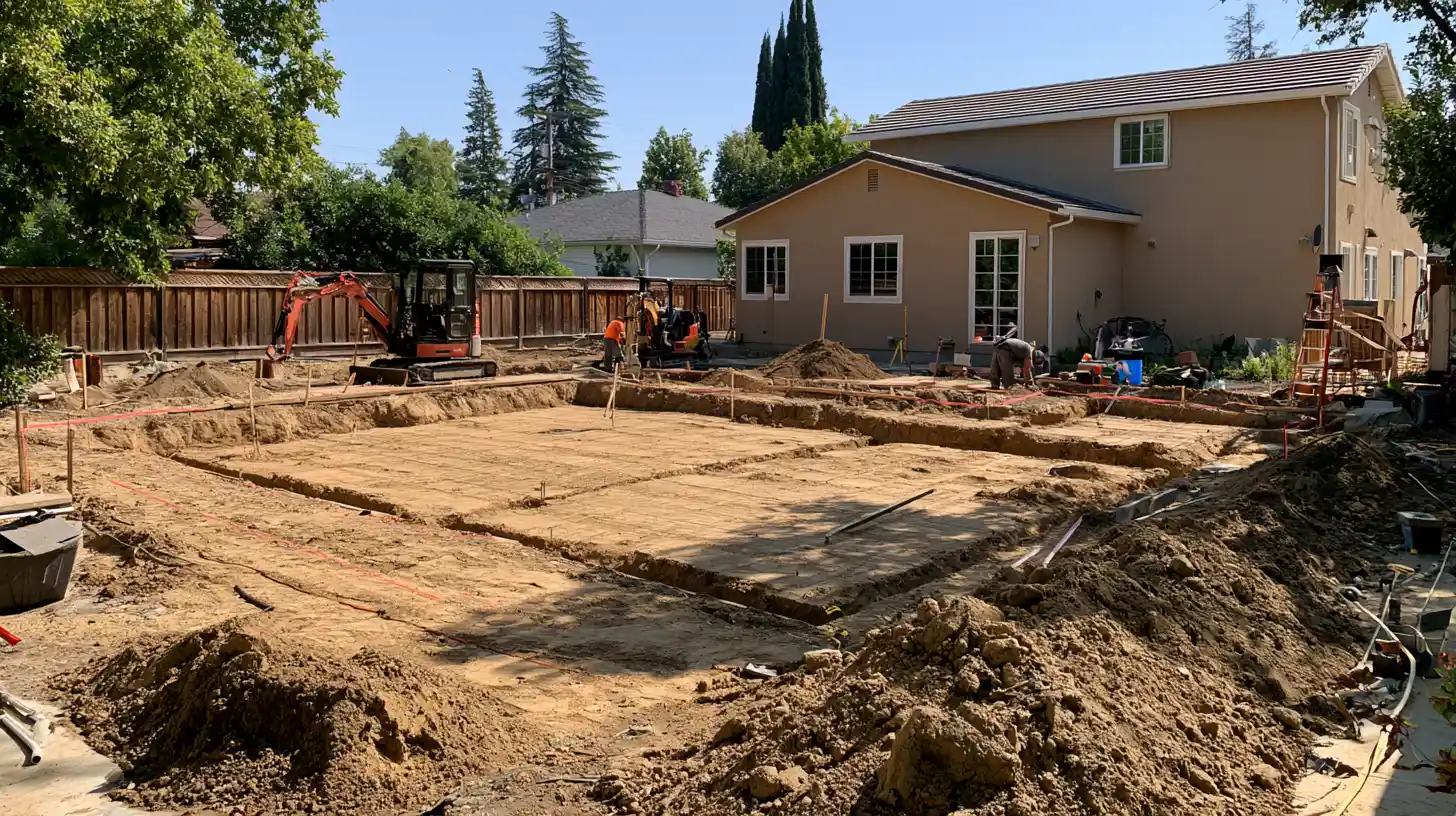 Residential site being prepared for a tiny home foundation and utility connections in California