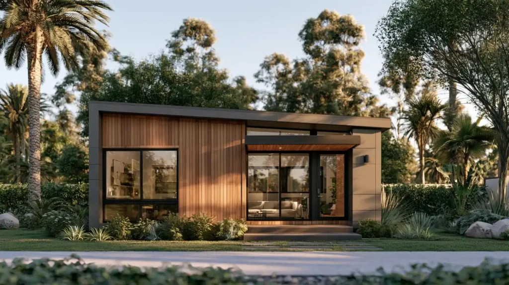 Modern tiny house kit home on a California residential property.