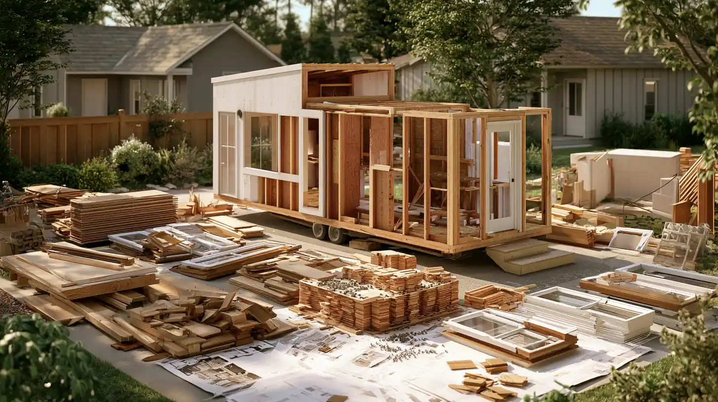 Partially assembled tiny house kit with pre-cut framing materials and construction components.