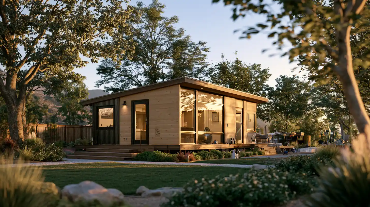 Luxury tiny home construction showing the completed unit, foundation, utilities, landscaping, and site work