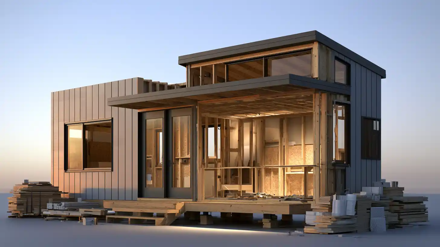 Partially finished tiny house kit showing structural components and unfinished interior systems.