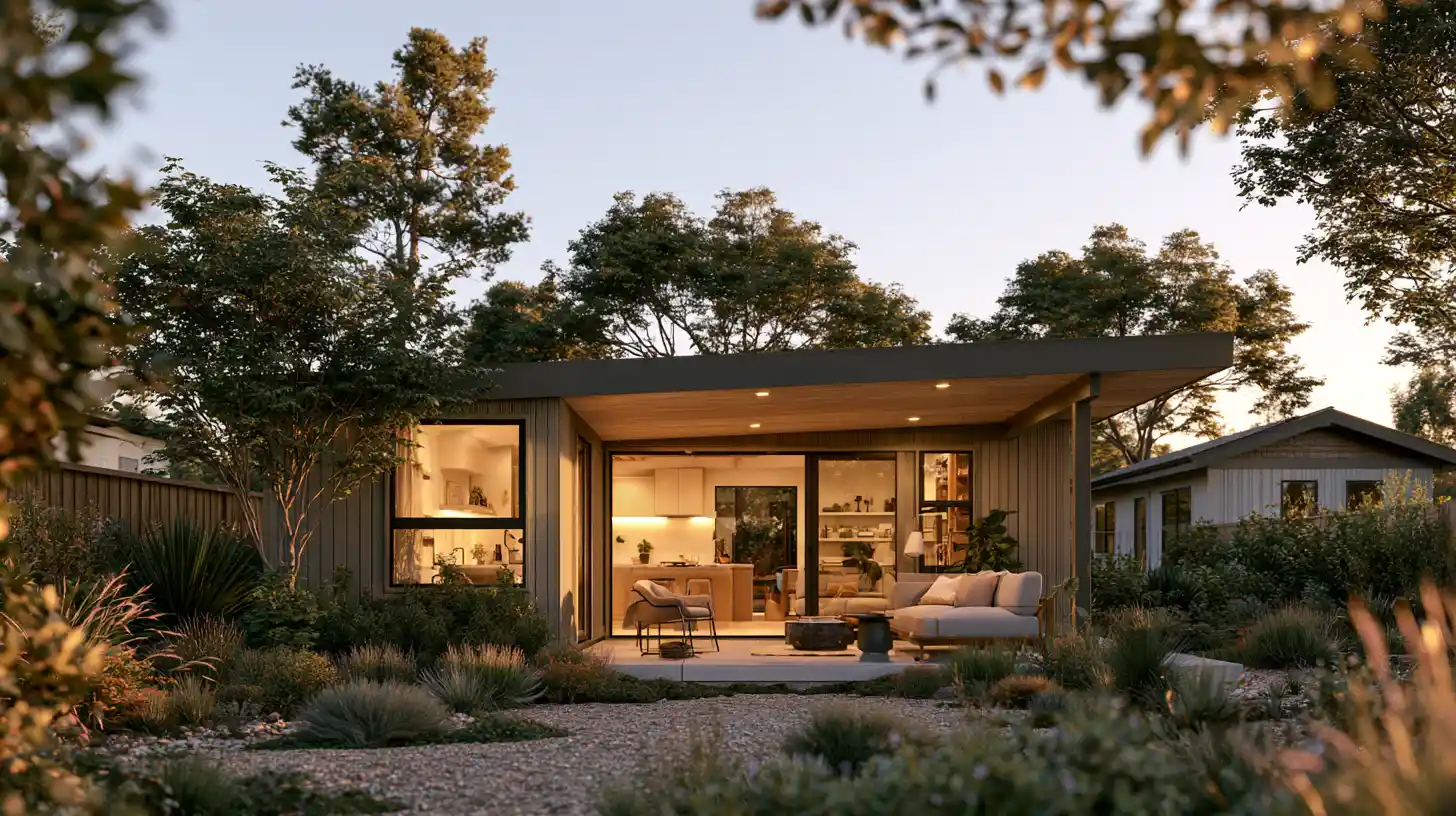 Compact California ADU with an efficient design and landscaped backyard illustrating the benefits of downsized living.