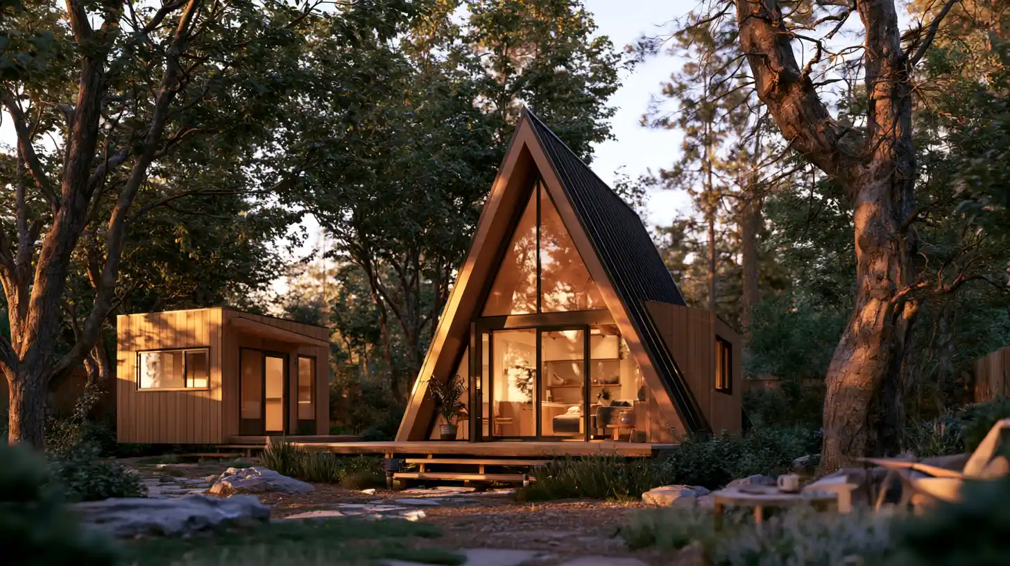 Cozy wood-sided tiny cabin ADU with a porch in a California backyard.