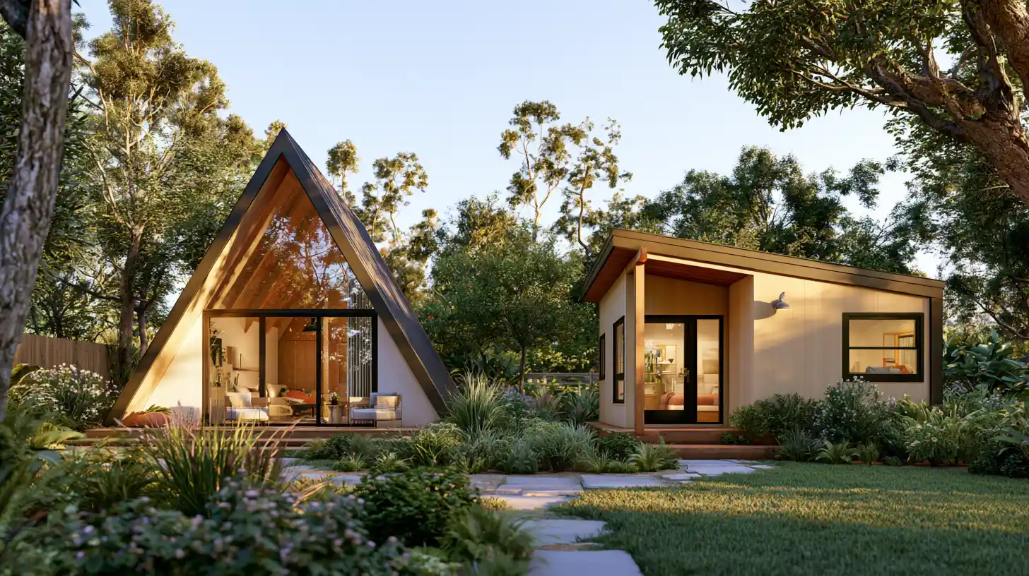 Comparison of an A-frame ADU and a cabin-style ADU with different roof and floor layouts.