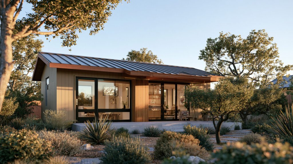 Modern California tiny ADU built with durable, climate-appropriate roofing, siding, windows, and foundation materials.