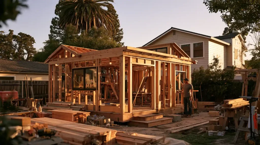 Homeowner building a tiny house in a California backyard with professional construction elements.