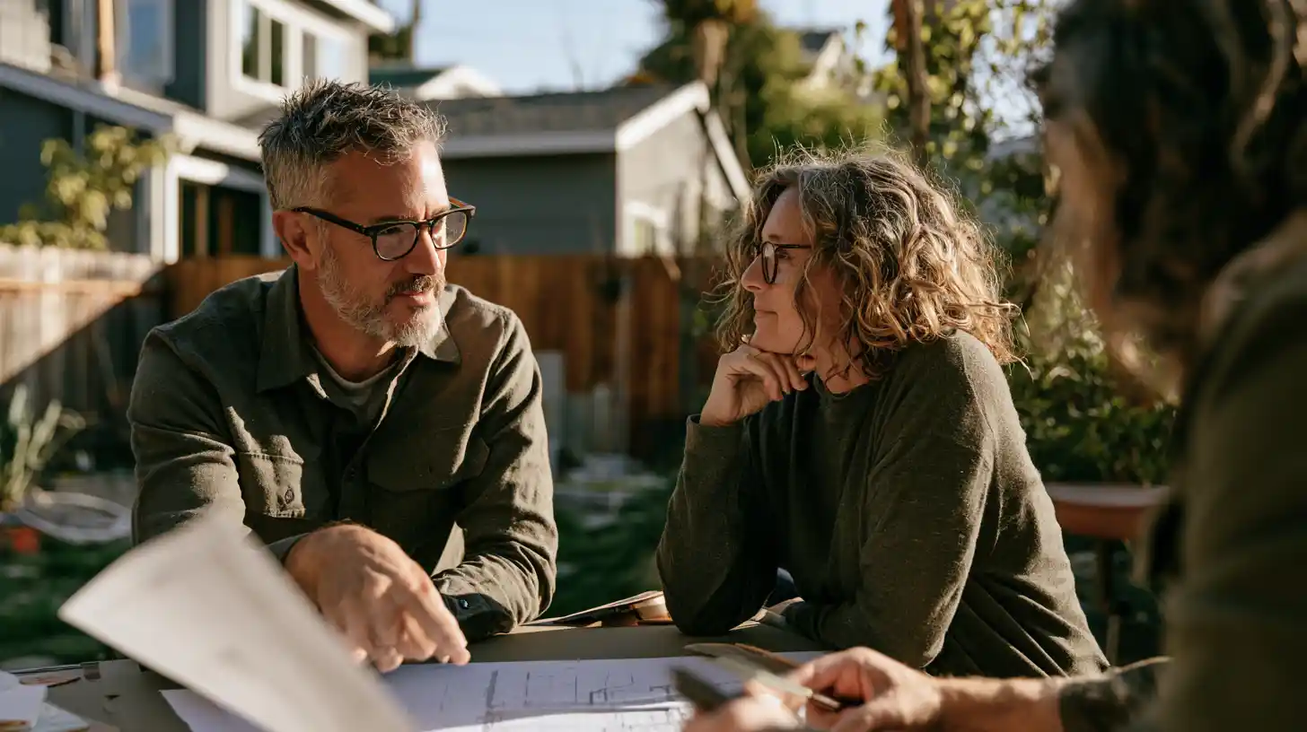ADU specialist discussing a tiny cabin project and property layout with a California homeowner.