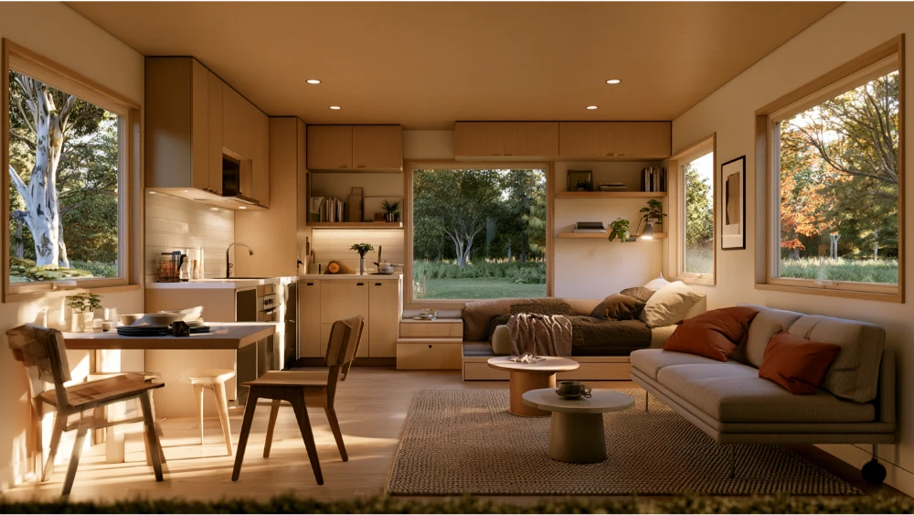 Efficient tiny home interior with smart storage and an open floor plan.