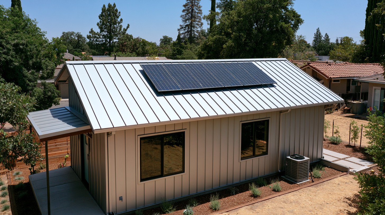 Tiny ADU with a reflective metal roof, solar panels, shaded windows, and energy-efficient features for California heat.