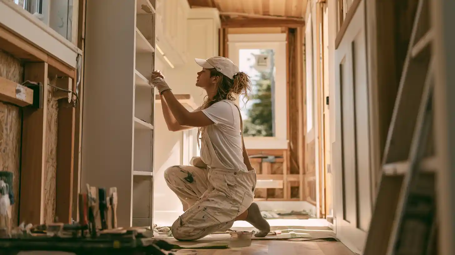Homeowner completing painting and simple interior finishing work inside a tiny house.