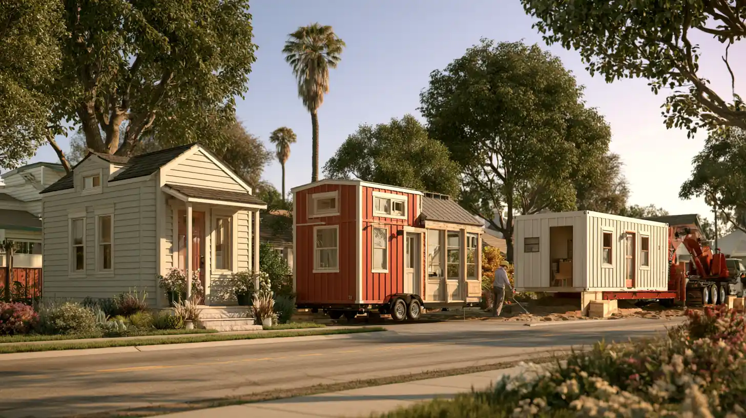 Different tiny home types including a foundation-built home, tiny home on wheels, and modular dwelling.