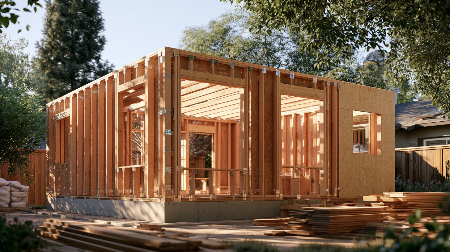 California tiny ADU under construction showing engineered foundation, wood framing, structural connectors, and sheathing.