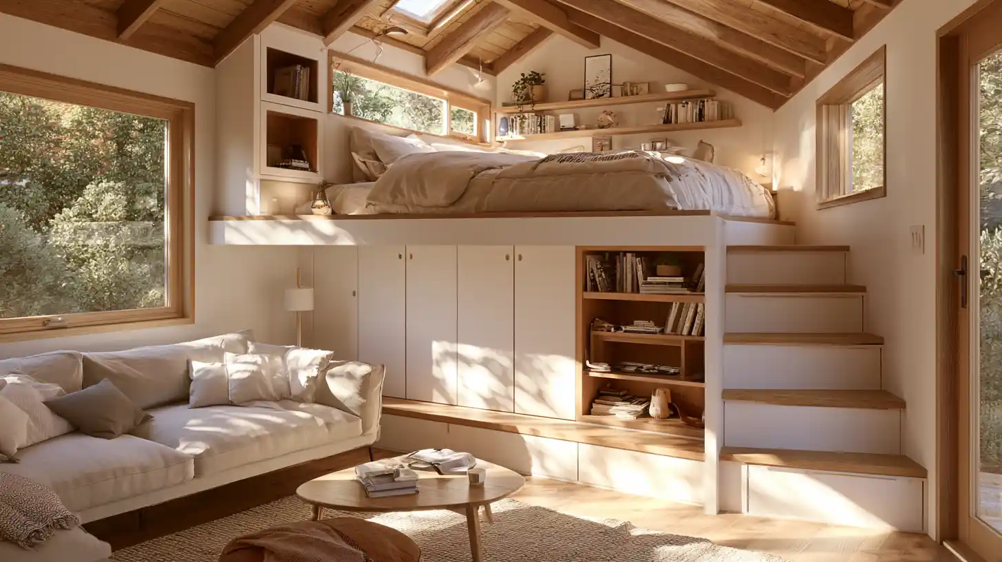 Flexible tiny home loft providing sleeping space and built-in storage above the main living area.
