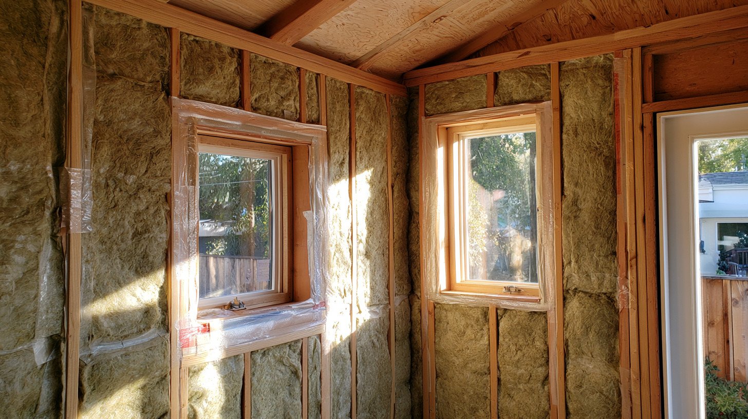 Tiny house wall under construction with mineral wool insulation and continuous air-sealing details.